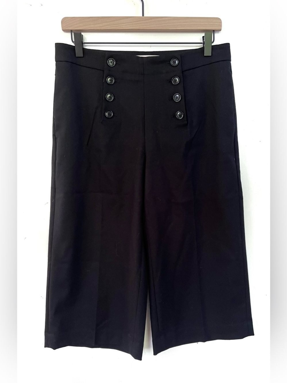 Banana Republic Heritage Wide Leg Cropped Pants 4S Black High Rise Button Detail